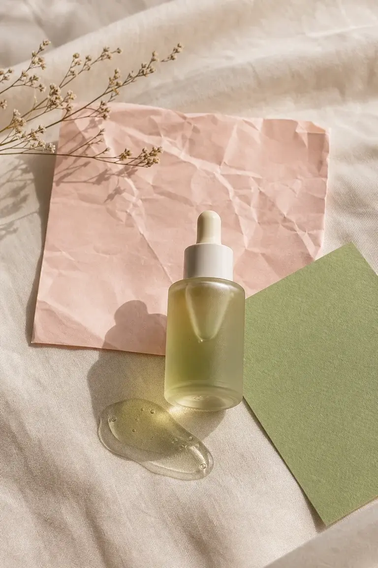 Unbranded serum, texture swatch and blush and matcha paper arranged in warm window light