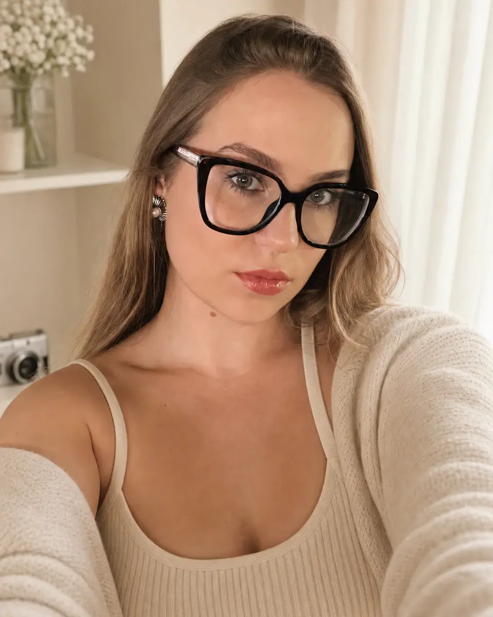 Sofiya Vali in a cream cardigan and black glasses in soft window light