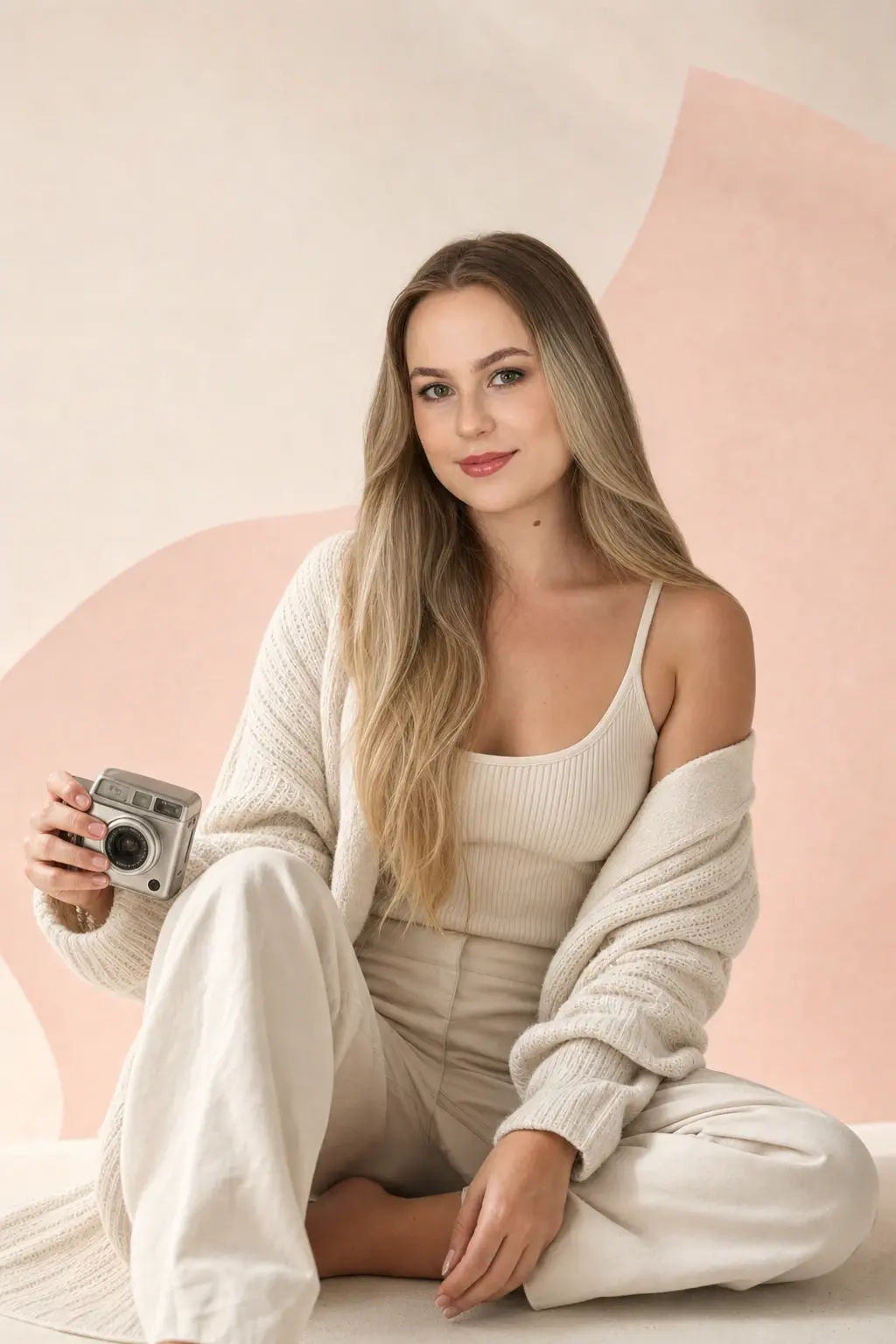 Sofiya Vali seated with a compact camera in a warm cream studio