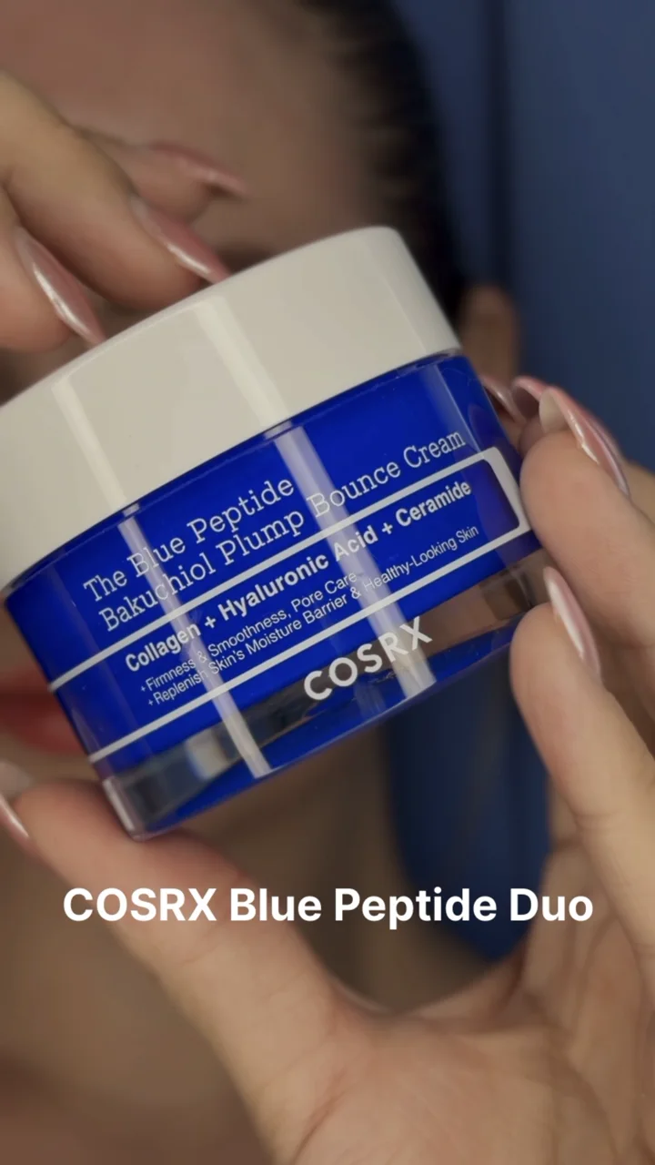 Close-up of Sofiya holding COSRX Blue Peptide serum and Bakuchiol Plump Bounce Cream